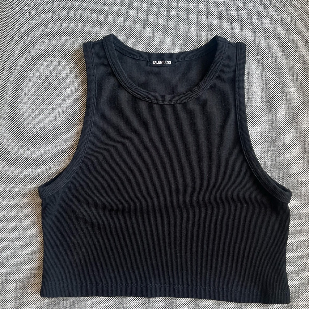 Talentless Rib High Neck Contour Cropped Tank in Pitch Black
